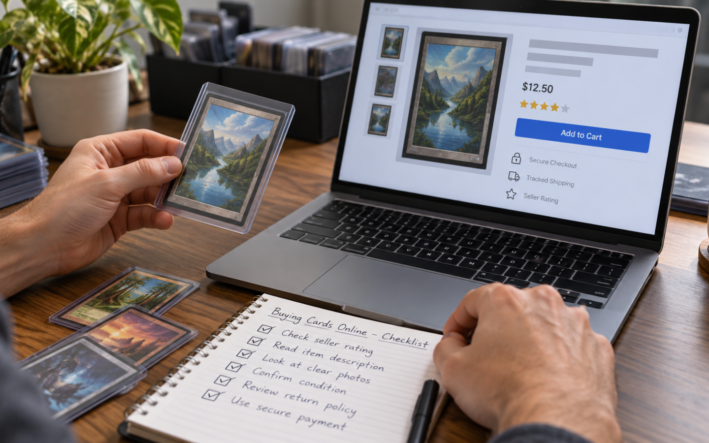 Collector reviewing a checklist before buying a trading card online.