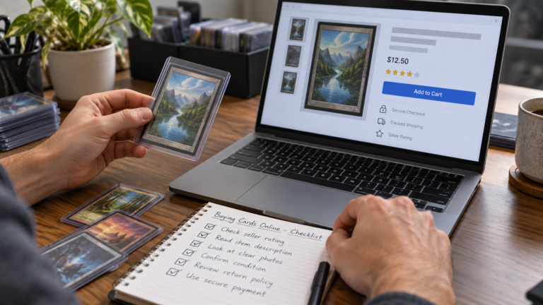 Collector reviewing a checklist before buying a trading card online.