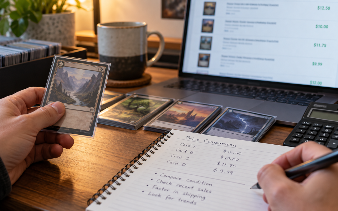 Collector comparing trading card prices and recent listings at a desk.