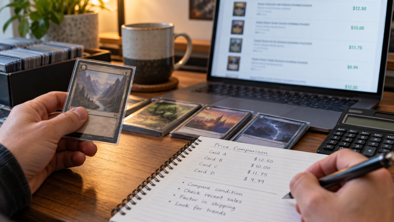 Collector comparing trading card prices and recent listings at a desk.