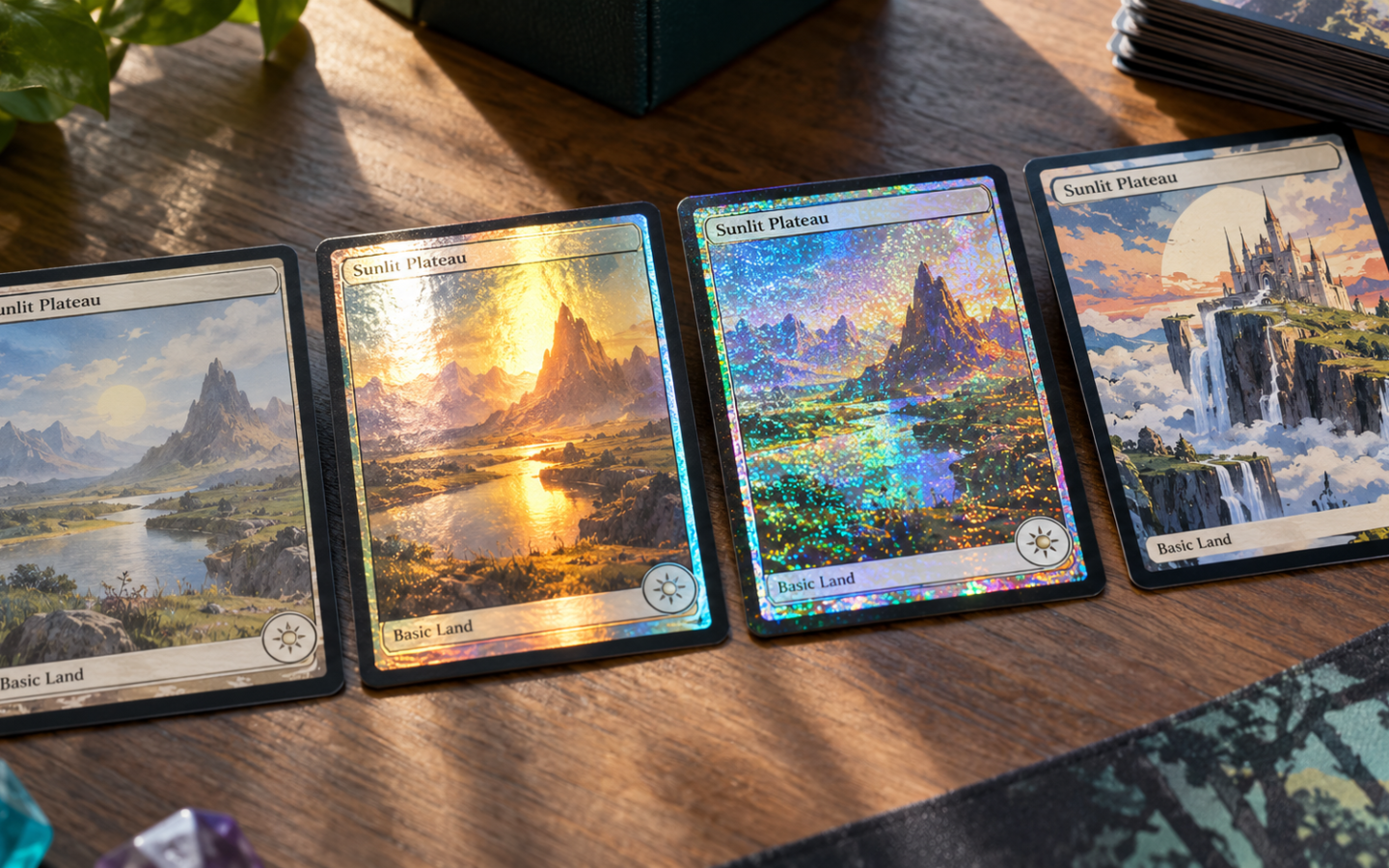 Different trading card finishes showing standard, foil, holo, parallel and alternate-art style variations.