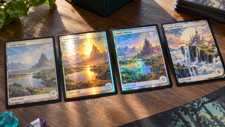 Different trading card finishes showing standard, foil, holo, parallel and alternate-art style variations.