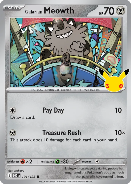 Galarian Meowth 101/128 30th Celebration English card front