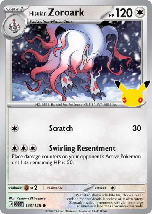 Hisuian Zoroark 123/128 30th Celebration English card front