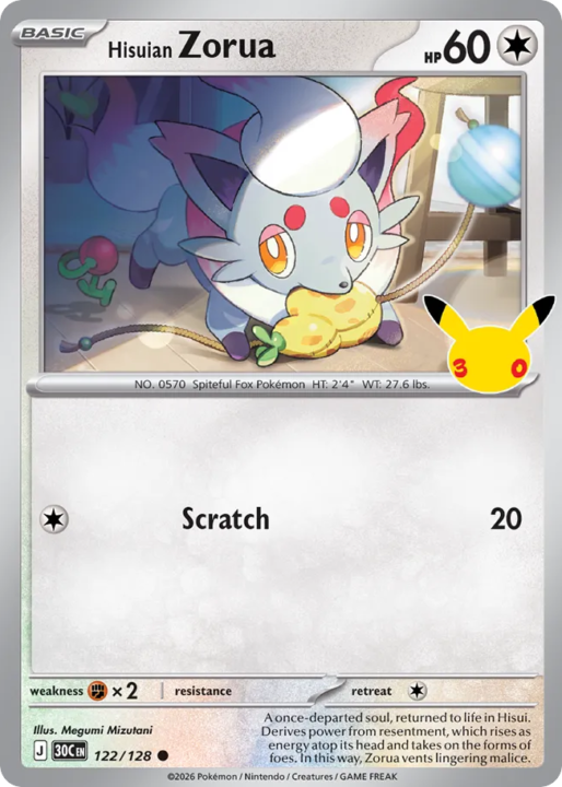 Hisuian Zorua 122/128 30th Celebration English card front