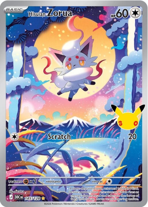Hisuian Zorua 145/128 30th Celebration Illustration Rare English card front