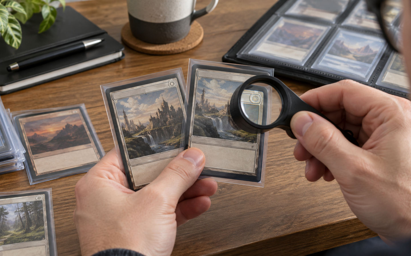 Collector inspecting trading card details to identify an exact printing using card numbers, set codes and artwork differences.