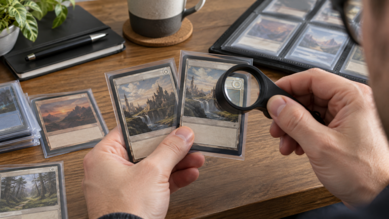 Collector inspecting trading card details to identify an exact printing using card numbers, set codes and artwork differences.