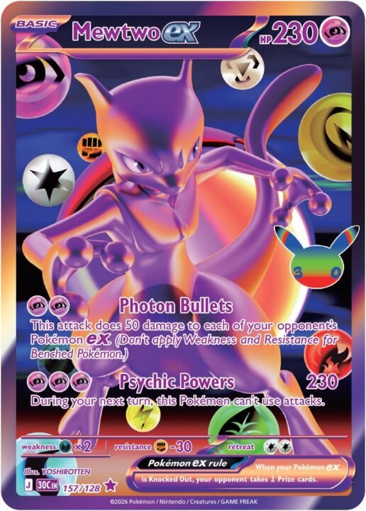 Mewtwo ex 157/128 30th Celebration Futuristic Rare English card front