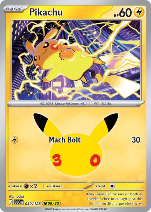 Pikachu 30/128 30th Celebration English card front