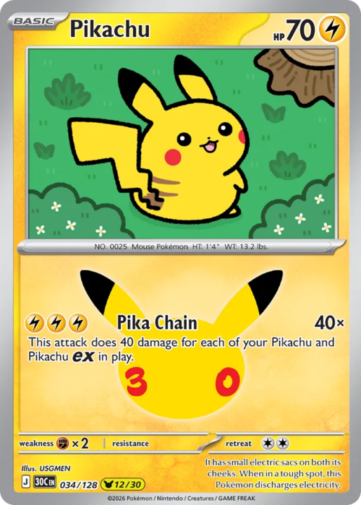Pikachu 34/128 30th Celebration English card front