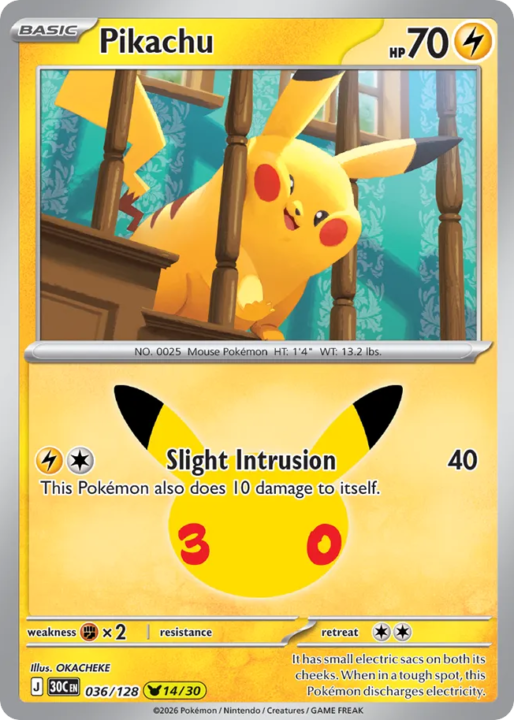 Pikachu 36/128 30th Celebration English card front