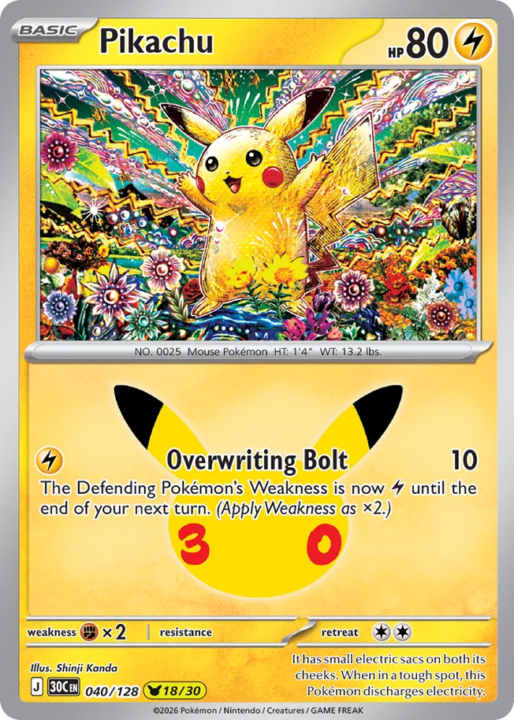 Pikachu 40/128 30th Celebration English card front