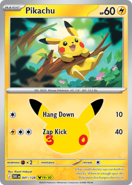 Pikachu 41/128 30th Celebration English card front