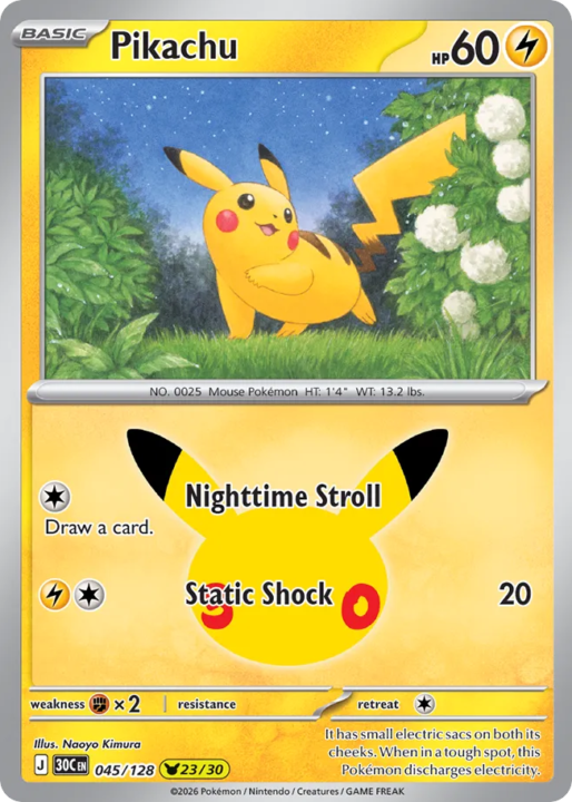 Pikachu 45/128 30th Celebration English card front