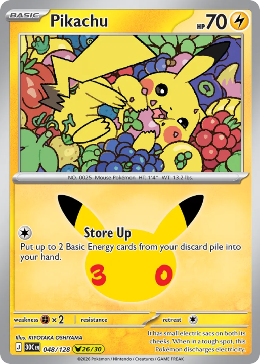 Pikachu 48/128 30th Celebration English card front