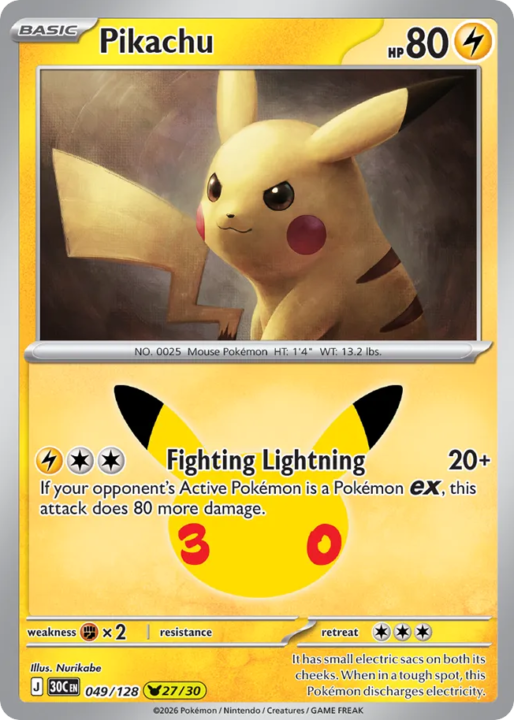 Pikachu 49/128 30th Celebration English card front