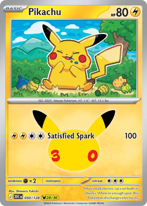 Pikachu 50/128 30th Celebration English card front