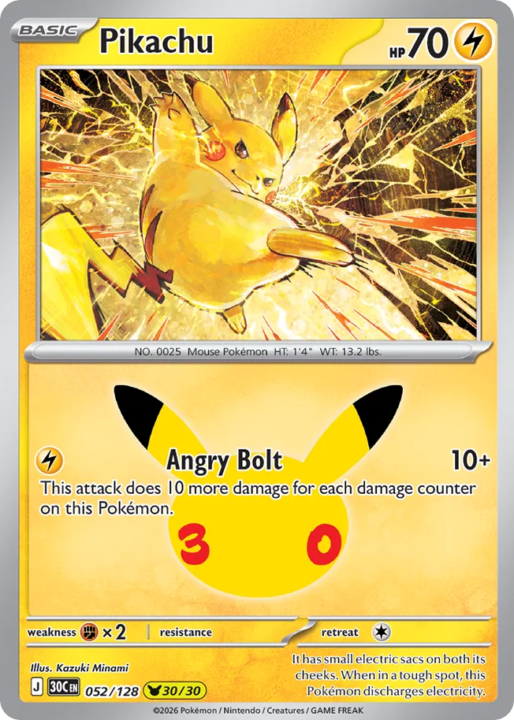 Pikachu 52/128 30th Celebration English card front