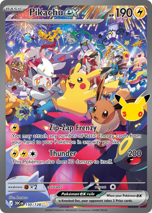 Pikachu ex 150/128 30th Celebration English card front