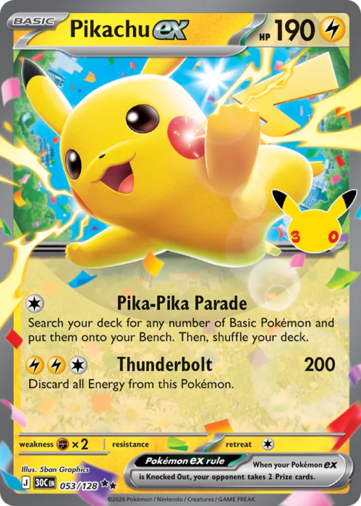 Pikachu ex 53/128 30th Celebration English card front