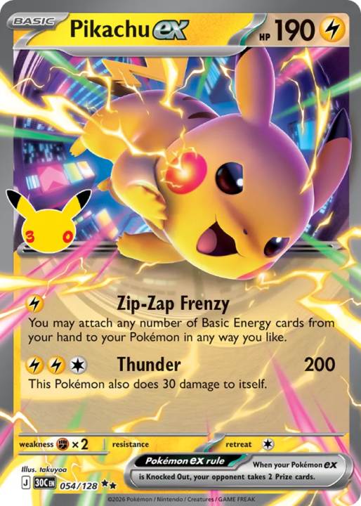 Pikachu ex 54/128 30th Celebration English card front