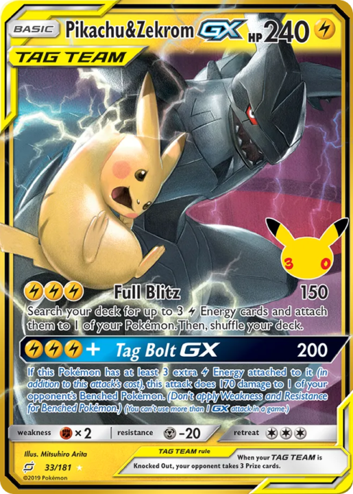 Pikachu & Zekrom-GX 33 30th Celebration: Classic Collection English card front