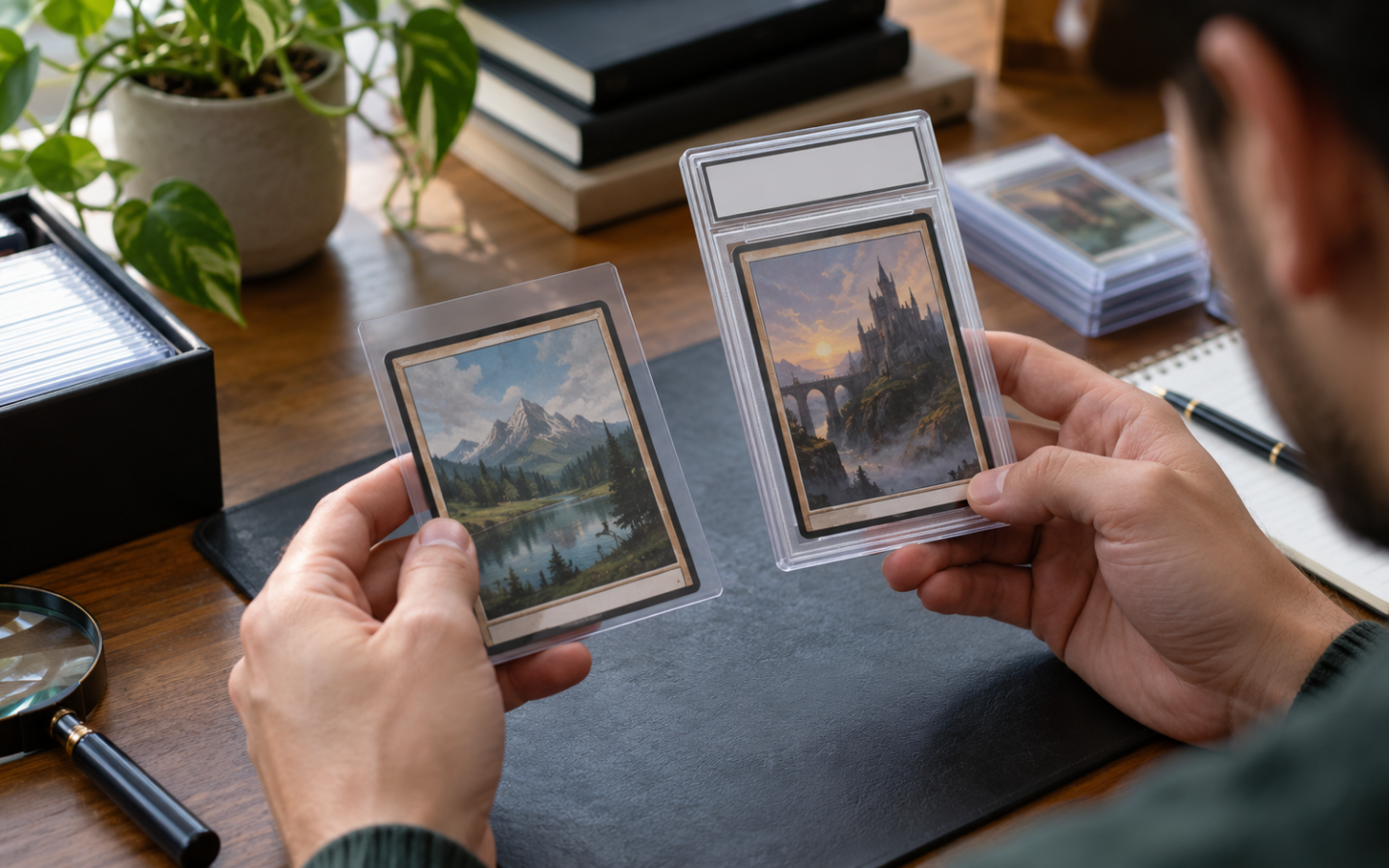 Collector comparing raw and protected trading cards side by side before buying.