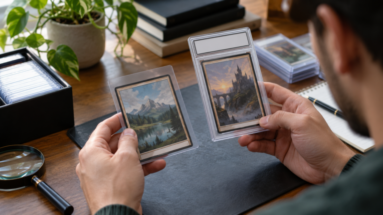 Collector comparing raw and protected trading cards side by side before buying.