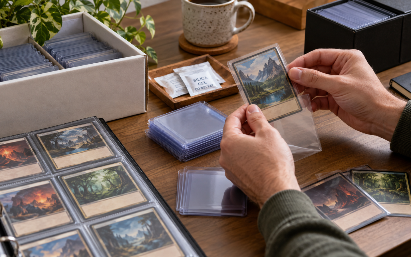 Collector placing trading cards into protective sleeves and storage supplies.