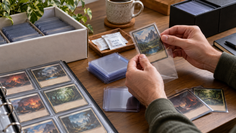 Collector placing trading cards into protective sleeves and storage supplies.