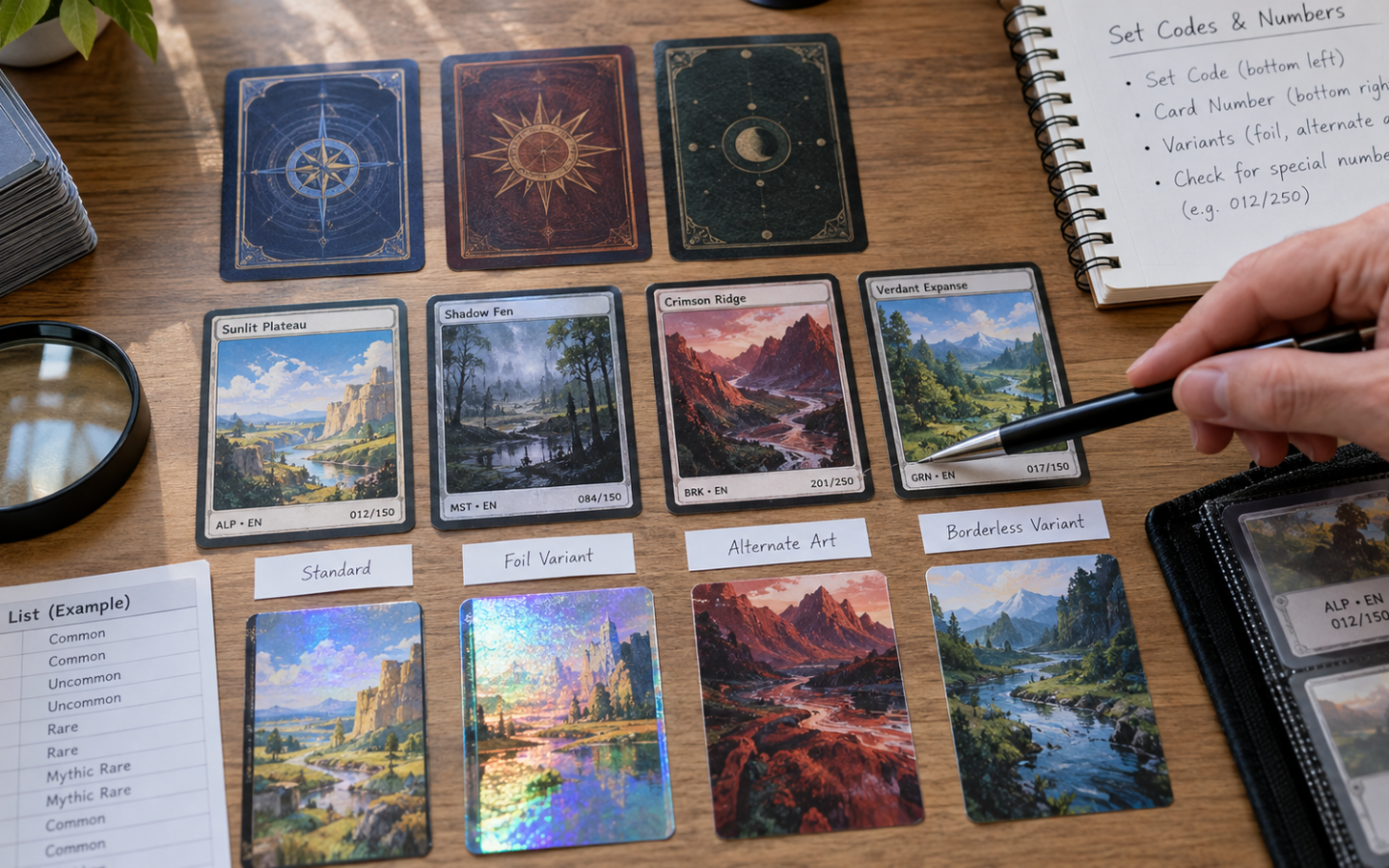 Collector sorting trading cards by card number, set code and variant details.