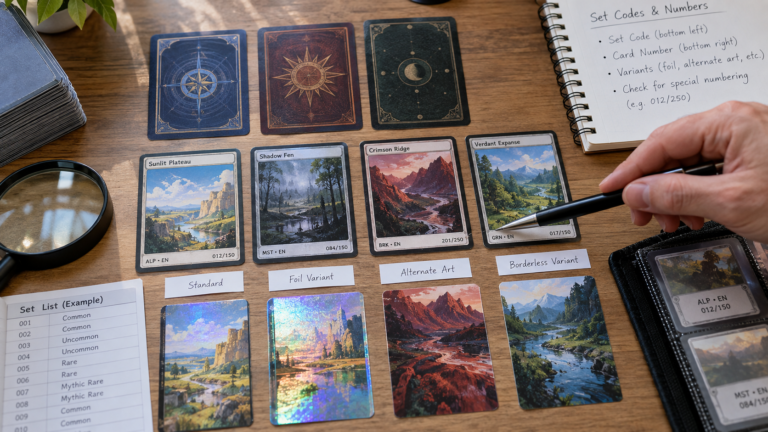 Collector sorting trading cards by card number, set code and variant details.