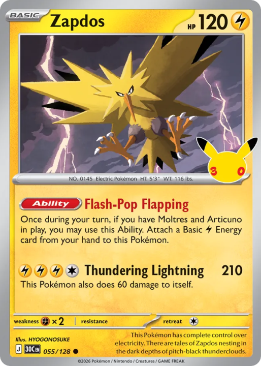 Zapdos 55/128 30th Celebration English card front